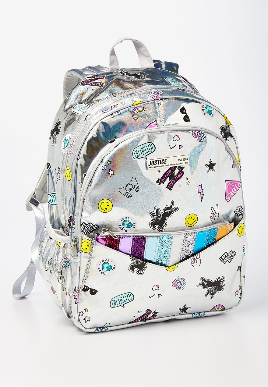 KWD20 / QR250 / AED260 / BD27 / JD60 / SAR295 / OMR25    Justice Holo Sticker Pocket Backpack & Wristlet  16196923617