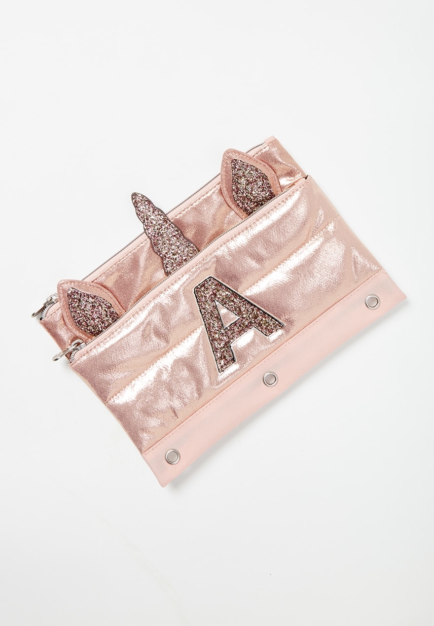 KWD4.5 / QR50 / AED55 / BD5 / JD12 / SAR60 / OMR5    Justice Rose Gold Quilted Unicorn Iniital Pencil Case    16226765645