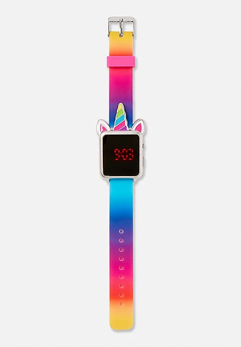 KWD6.5 / QR80 / AED85 / BD8.5 / JD18 / SAR95 / OMR8   Unicorn Rainbow Dye Effect Led Watch   15991007619